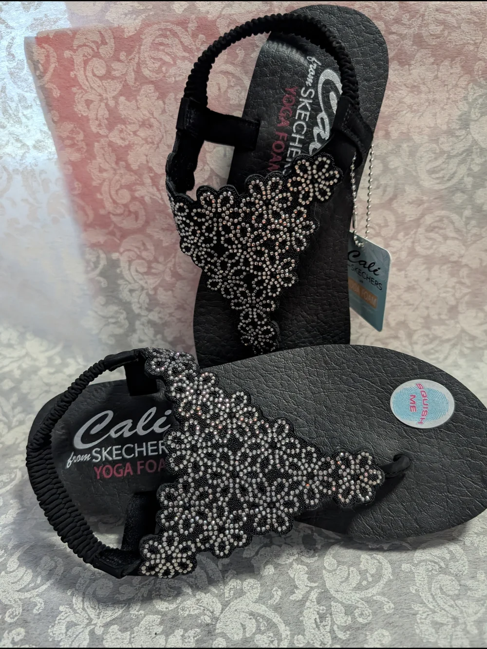Skechers Black Beaded Floral T-Strap Sandals - Picture 1 of 4